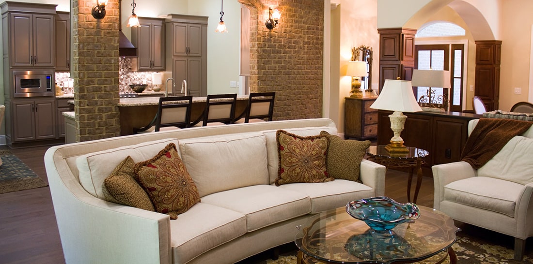 living room with couch, chair, end table, coffee table