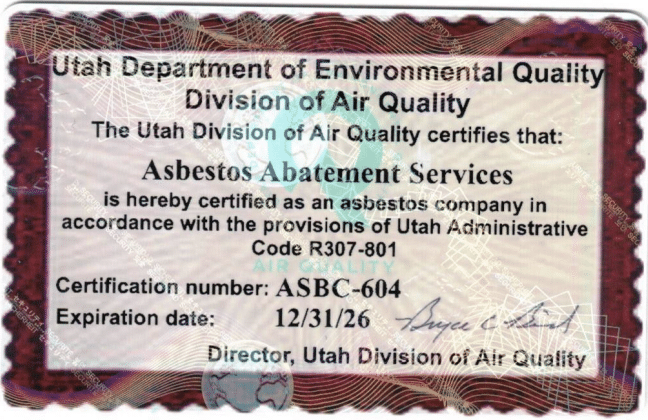 Utah Department of Environmental Quality Division of Air Quality License Card